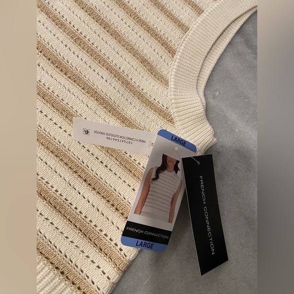 NWT French Connection Size L Ivory Gold Stripe Cotton Blend Sleeveless Knit Top - Picture 9 of 12